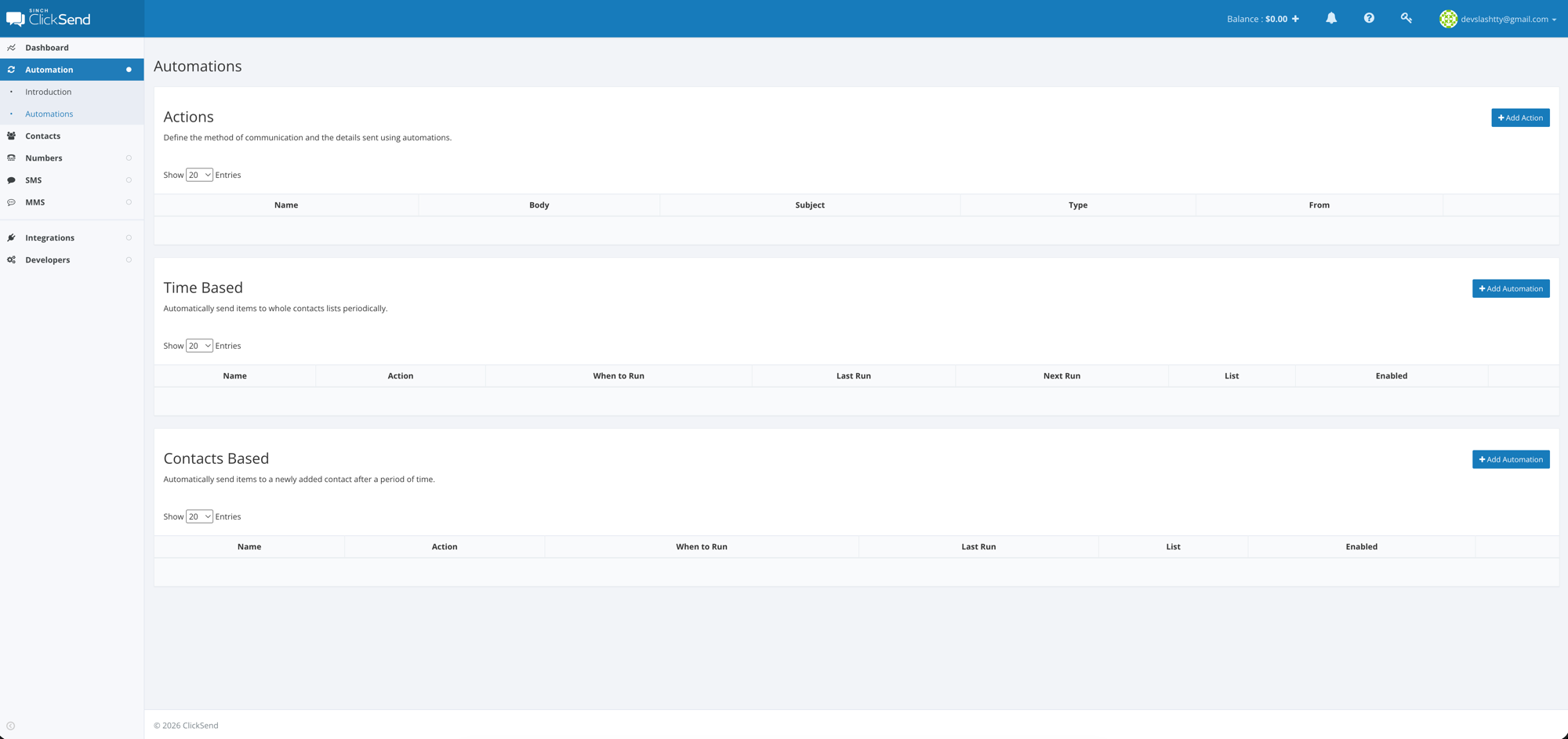The ClickSend automations screen, still on the older blue-header interface