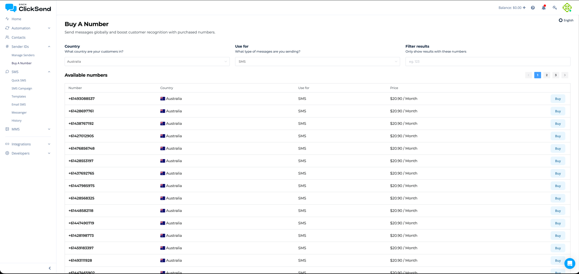 Buying an Australian dedicated number in the ClickSend dashboard, priced at $20.90 per month