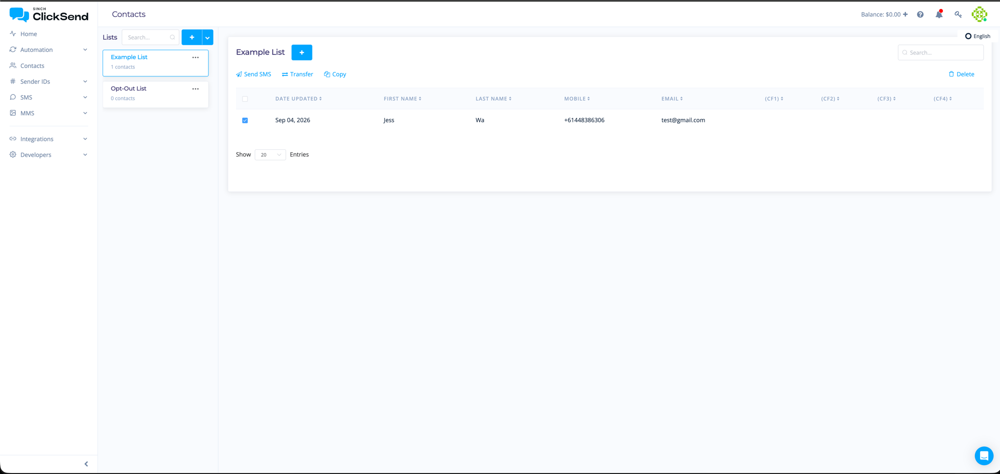 The contacts screen on the newer Sinch ClickSend interface